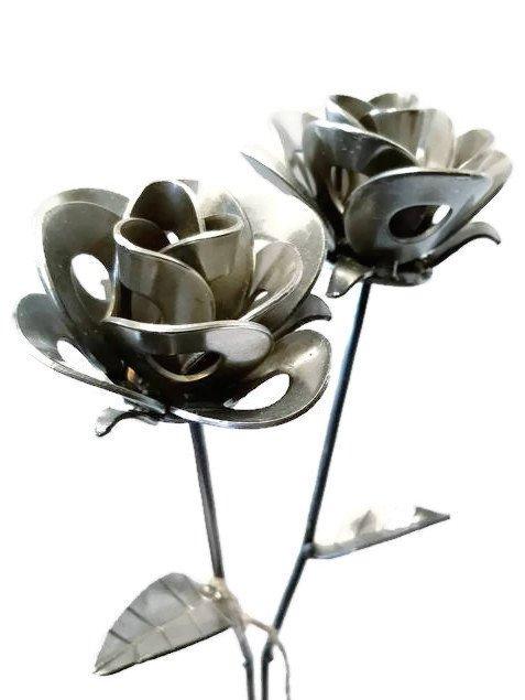 Two Metal Roses, Metal Rose Pair, Metal Rose Sculptures, Steampunk